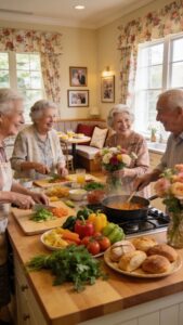 Warm kitchen scene with seniors cooking together at Aliviya Rose Manor