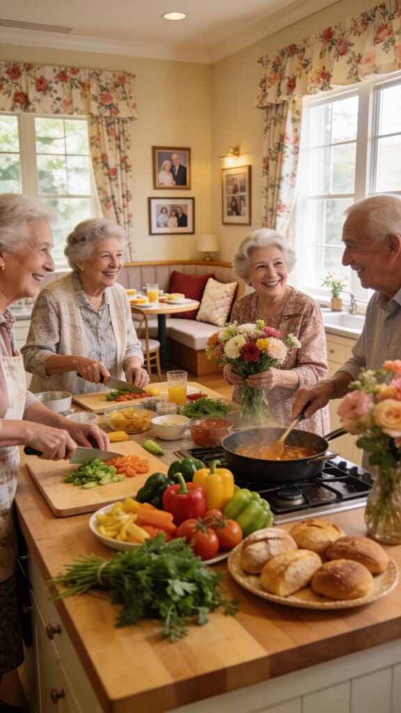 Warm kitchen scene with seniors cooking together at Aliviya Rose Manor