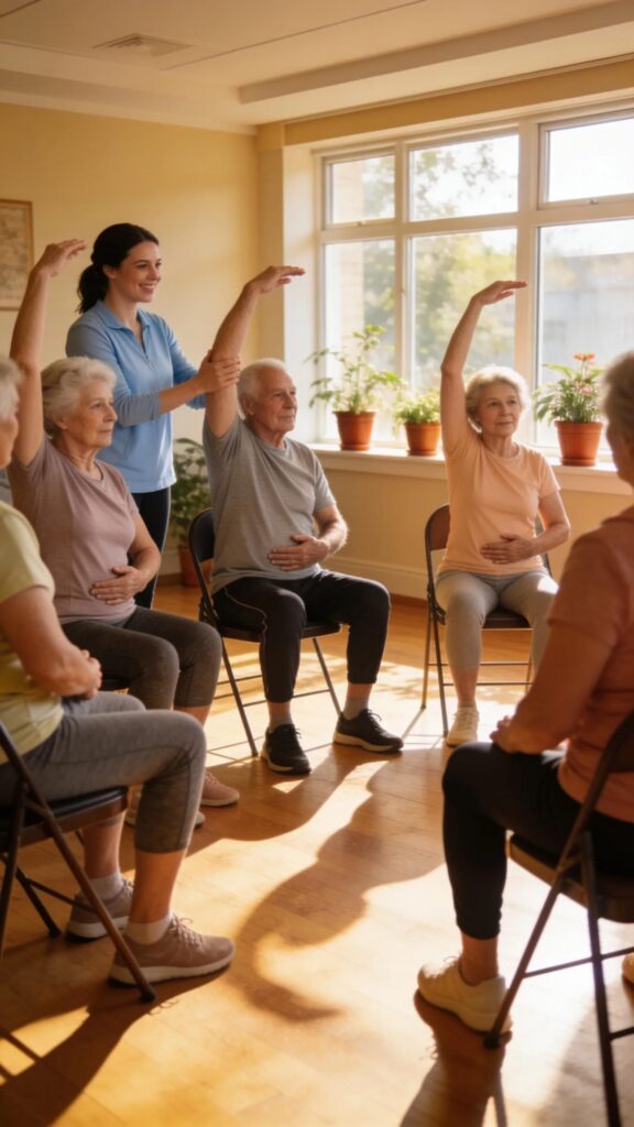 Seniors engaged in a chair yoga class at Aliviya Rose Manor