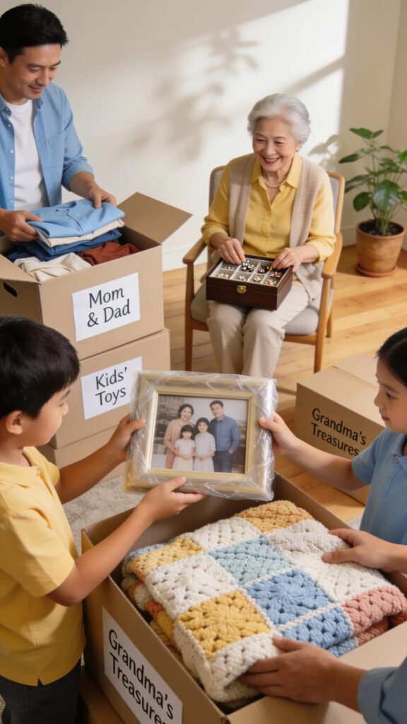 Family preparing for a senior relocation, organizing belongings with an elderly relative, showcasing collaboration and emotional support