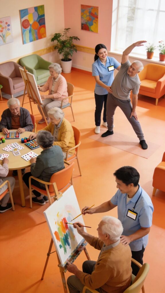 Seniors enjoying structured activities in a supportive respite care environment with attentive staff