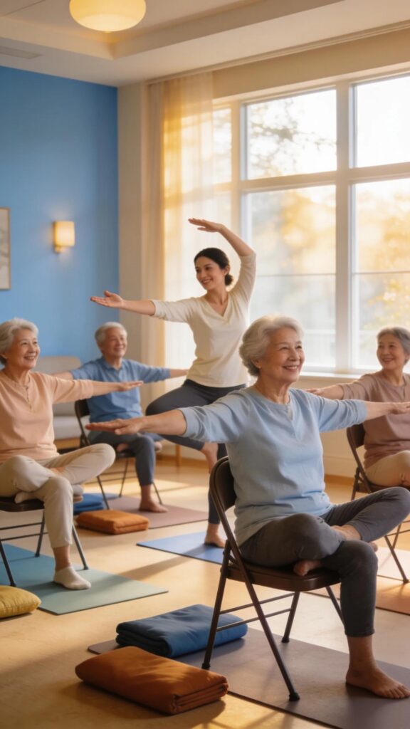 Seniors engaged in a chair yoga class at Aliviya Rose Manor