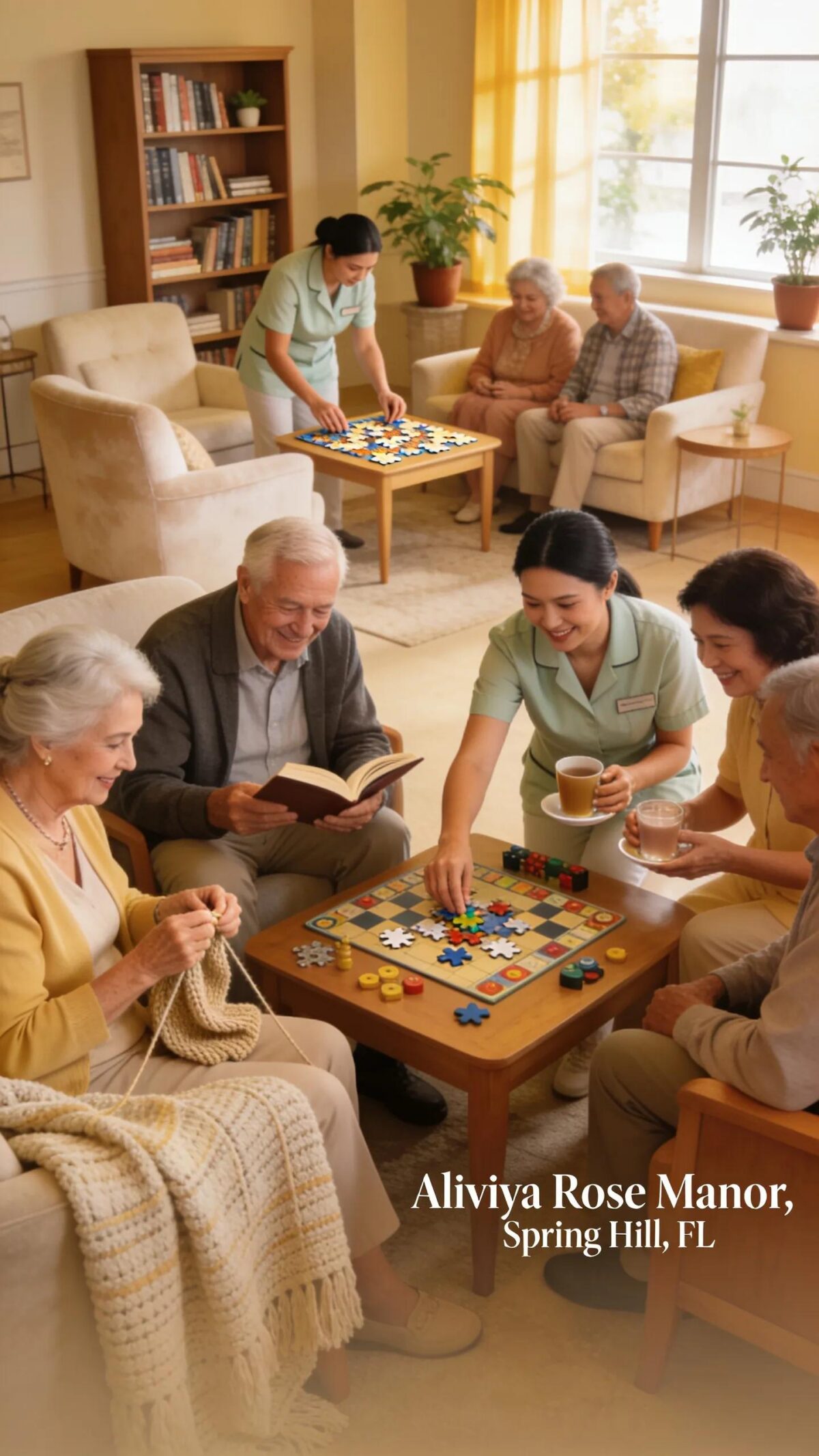 Seniors participating in group activities at an adult day care, emphasizing community and support