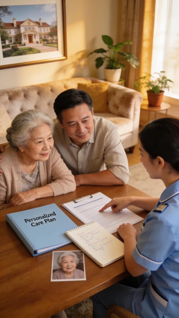 Staff member explaining personalized care plans to family members, emphasizing individualized support for seniors
