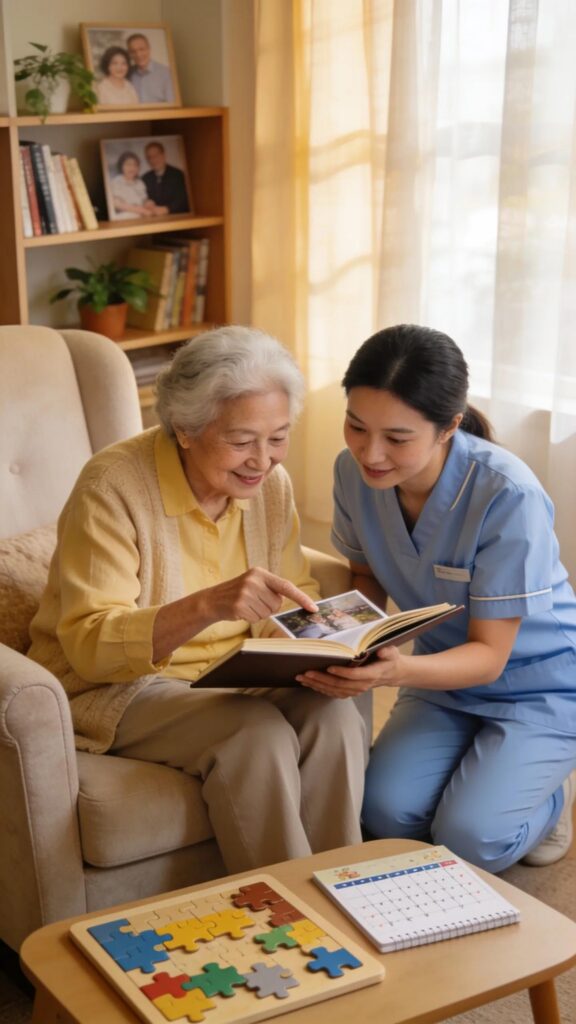 Staff interacting with a resident in a memory care program at an assisted living facility