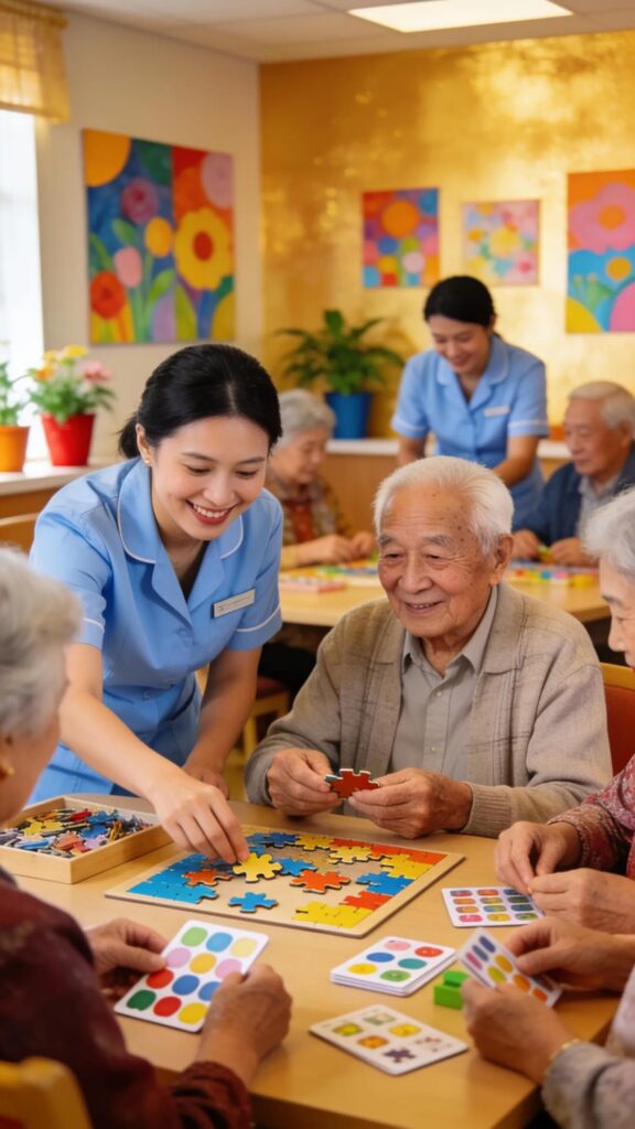 Seniors engaging in memory care activities, showcasing supportive programs for dementia and Alzheimer&rsquo;s at assisted living
