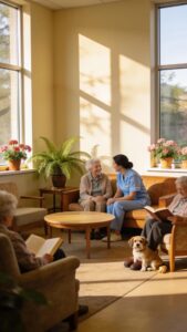 Inviting common area in an assisted living facility with residents and staff socializing