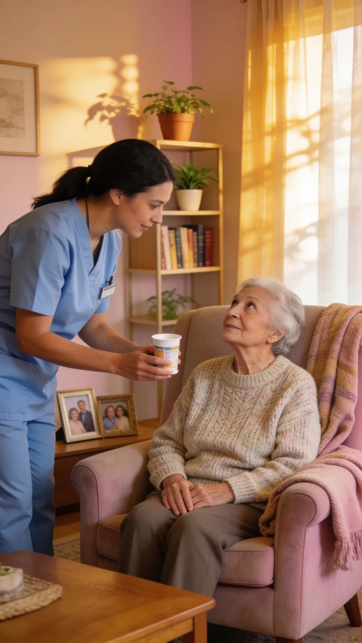 Licensed medication technician assisting an elderly resident in a cozy memory care home