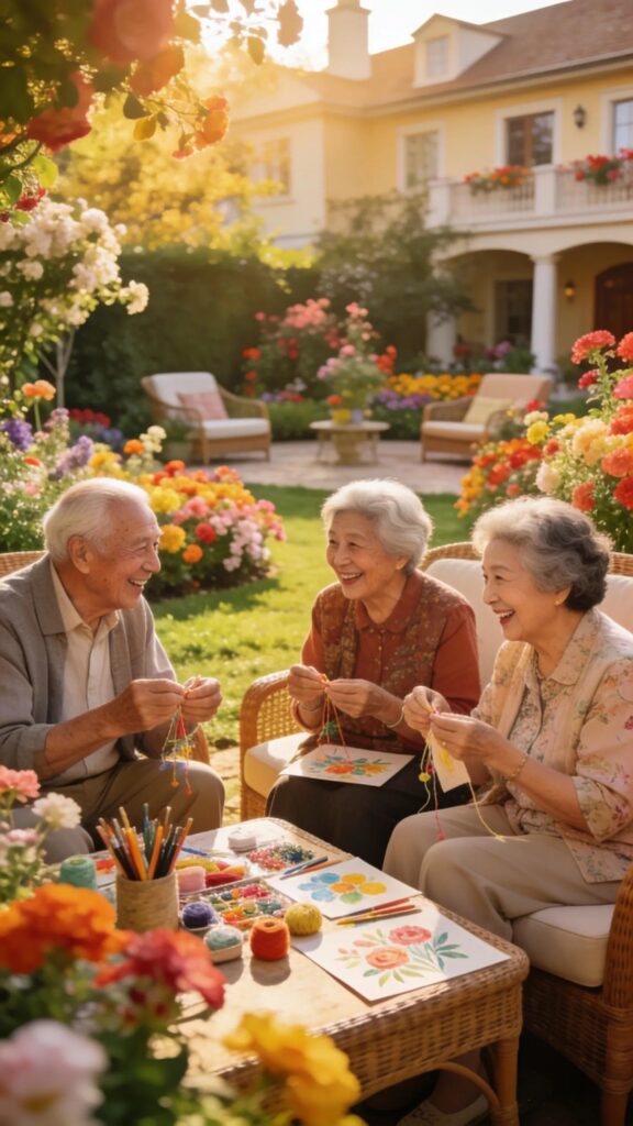 Seniors enjoying arts and crafts in the garden at Aliviya Rose Manor