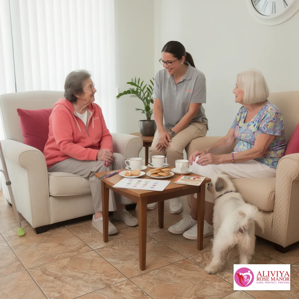 Boutique respite care environment with caregivers and seniors interacting warmly in a comfortable setting