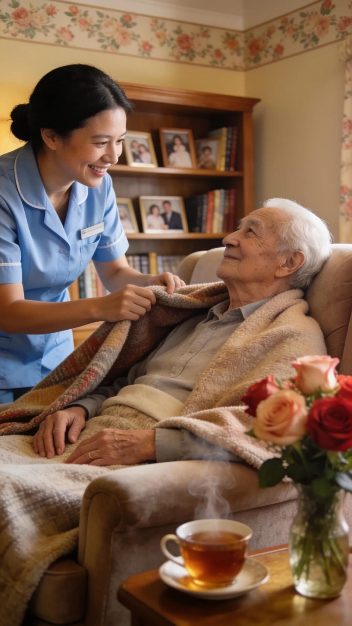Caregiver assisting a senior in a comforting environment, highlighting the essence of caregiver relief services