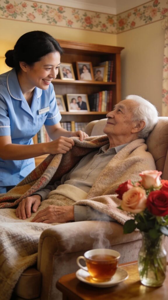 Caregiver assisting a senior in a comforting environment, highlighting the essence of caregiver relief services