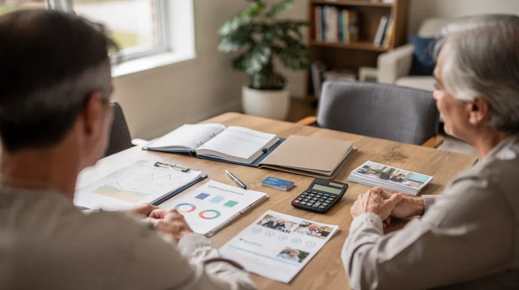 Family consulting with a financial advisor about senior care payment options and planning